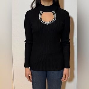 Black Ribbed Long Sweater with Rhinestone Embellishment